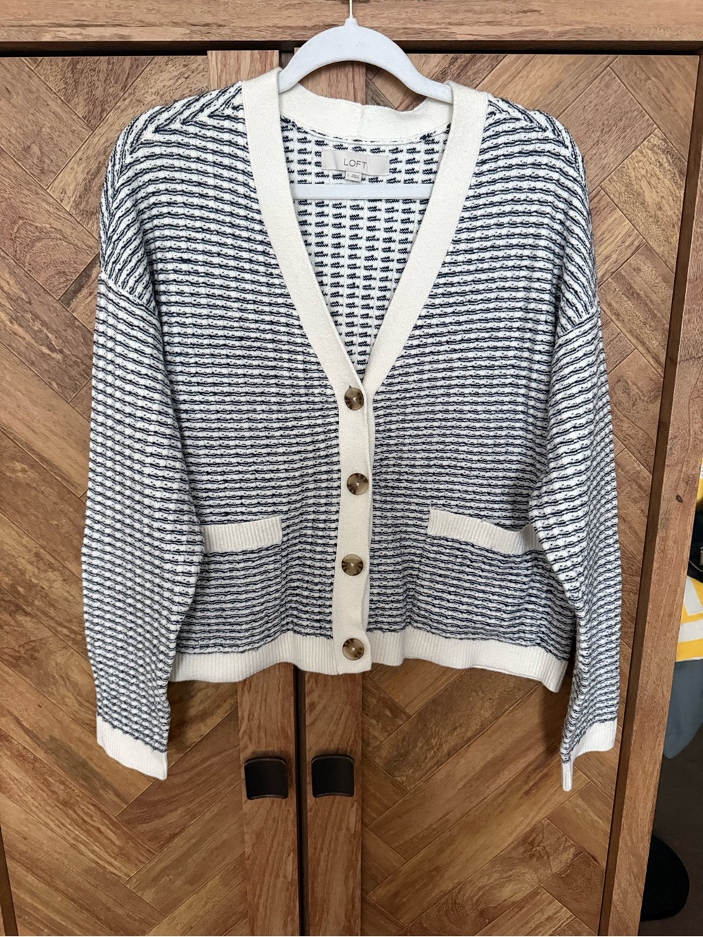 LOFT Cream and Navy Striped Textured Button Cardigan